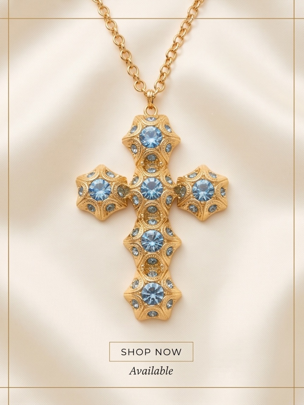 Gold Cross Necklace with Pale Blue Gemstones